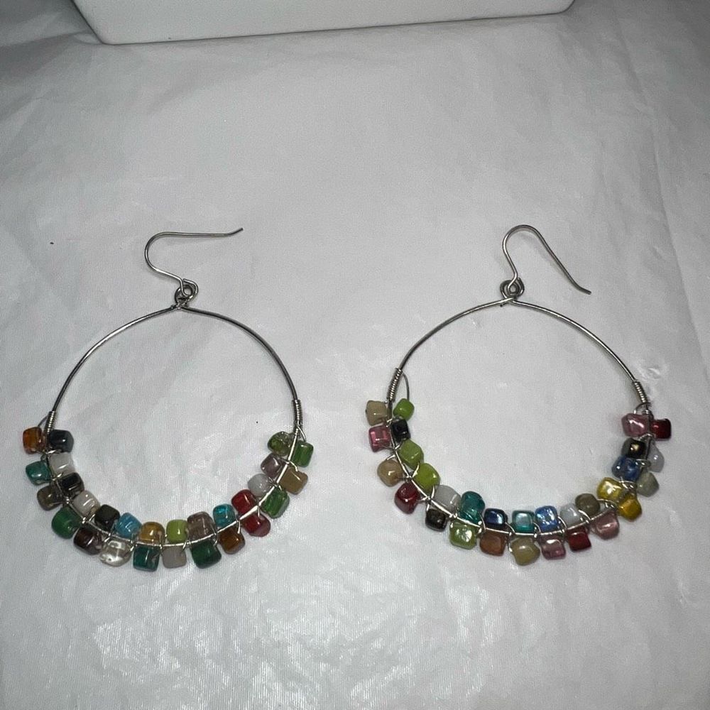 Boho Silver Tone Gemstone Chakra Dangle Hoop Earrings